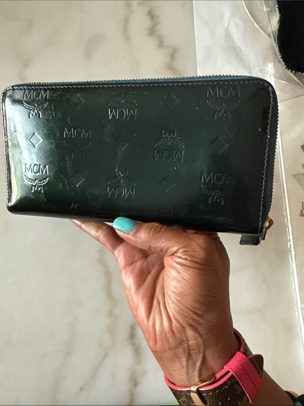 MCM Black Patent Leather Zip Wallet with Gold Plaque - Picture 13 of 15